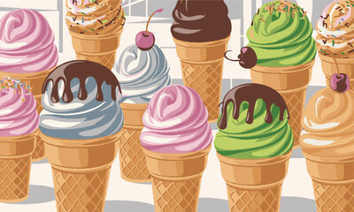 Modern vector-style illustration of various ice cream cones with different flavors, easily editable.