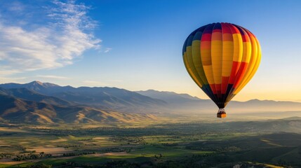 Fototapeta premium A colorful hot air balloon floats gracefully over rolling hills and mountains under a clear blue sky, symbolizing adventure and freedom.