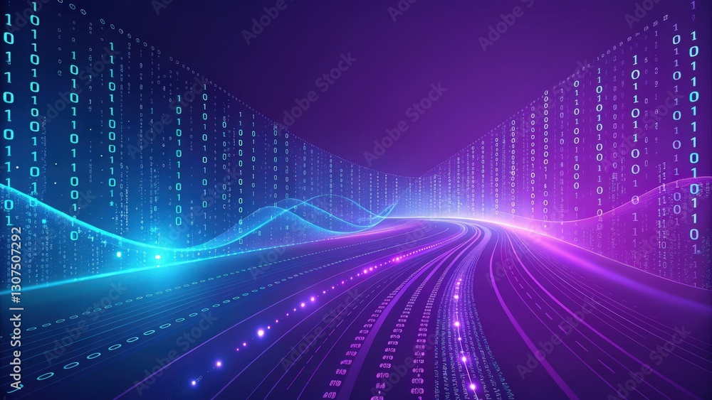 Poster digital road of binary code, glowing neon colors, futuristic technology, abstract background