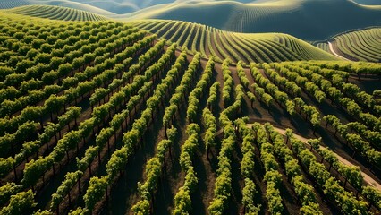 Fototapeta premium Lush green vineyard rows stretch across rolling hills under bright sunlight. 