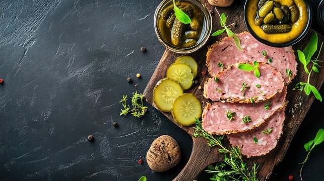 A rustic wooden board with slices of pt en crote, served with pickles and mustard.