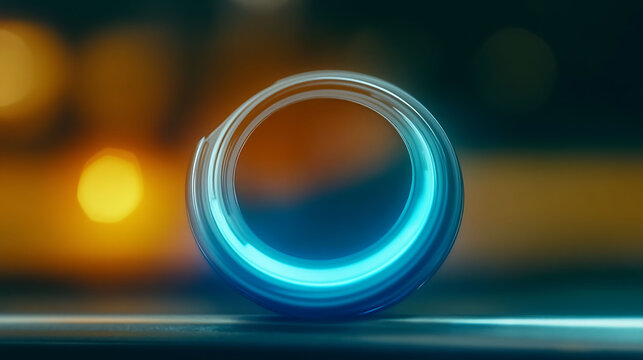 Abstract glowing cyan ring against a blurred, warmtoned background.  Perfect for technology, energy, or futuristic concepts. Use as a website banner, album art, or design element.