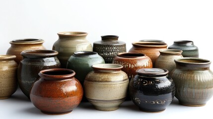 Assorted ceramic vases and bowls displayed against white background