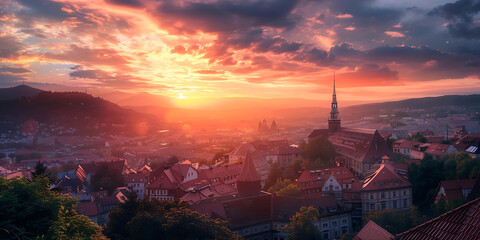 Obraz premium Dramatic Sky Over City Rooftops at Sunset with Stunning Colors 