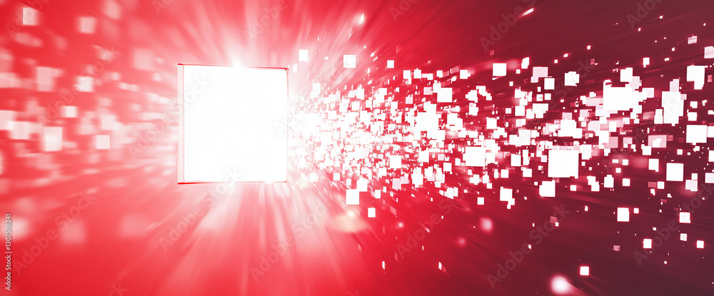 Aufkleber red background with white squares moving towards a bright white blank space, suggesting a portal or 