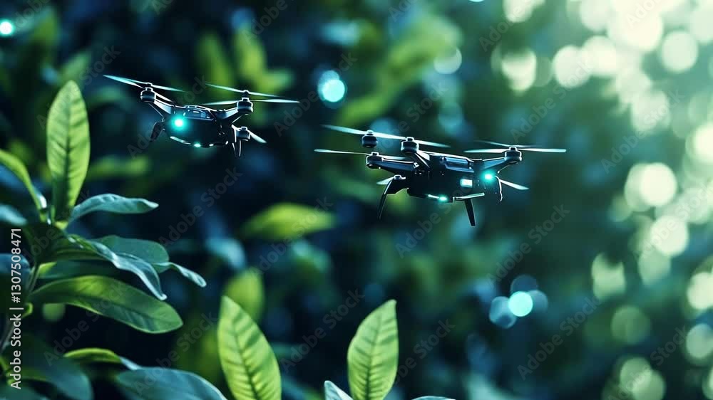 Aufkleber two futuristic drones with glowing lights are navigating through a dense forest, suggesting a scient