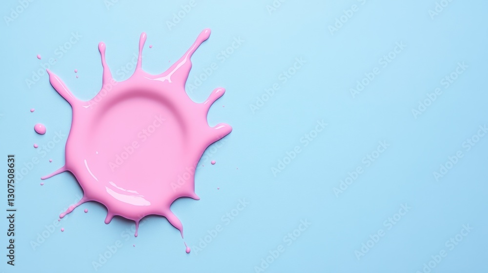 Poster pink paint splatter on a light blue background. the splatter is circular with spiky edges, creating 
