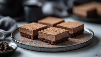 Delicious chocolate mousse squares on plate, kitchen setting