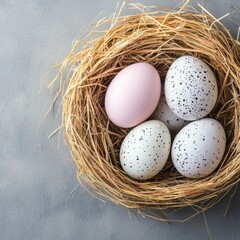 Obraz premium Handmade Straw Nest with Speckled Eggs on Soft Background