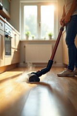 Fototapeta premium Maintaining a Spotless Hardwood Floor A Person Cleans Dust Using a Vacuum Cleaner in a Sunlit Kitchen