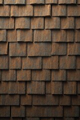 A Detailed Textured Pattern of Interlocking Brown Rectangular Tiles Arranged in an Overlapping Formation