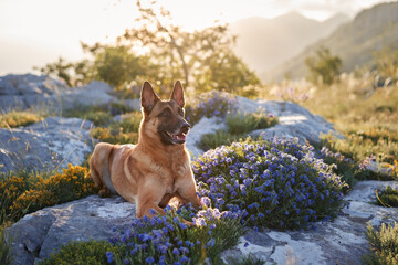 A Malinois reclines on rocky terrain covered with blue wildflowers, with sunlight filtering...