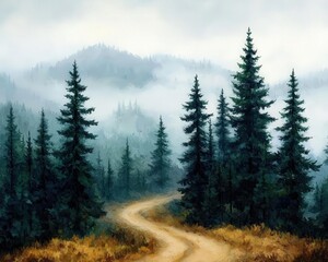 Traveling Road Concept, A moody oil painting of a rugged road trek through dense forests, mist hanging low over the winding trail
