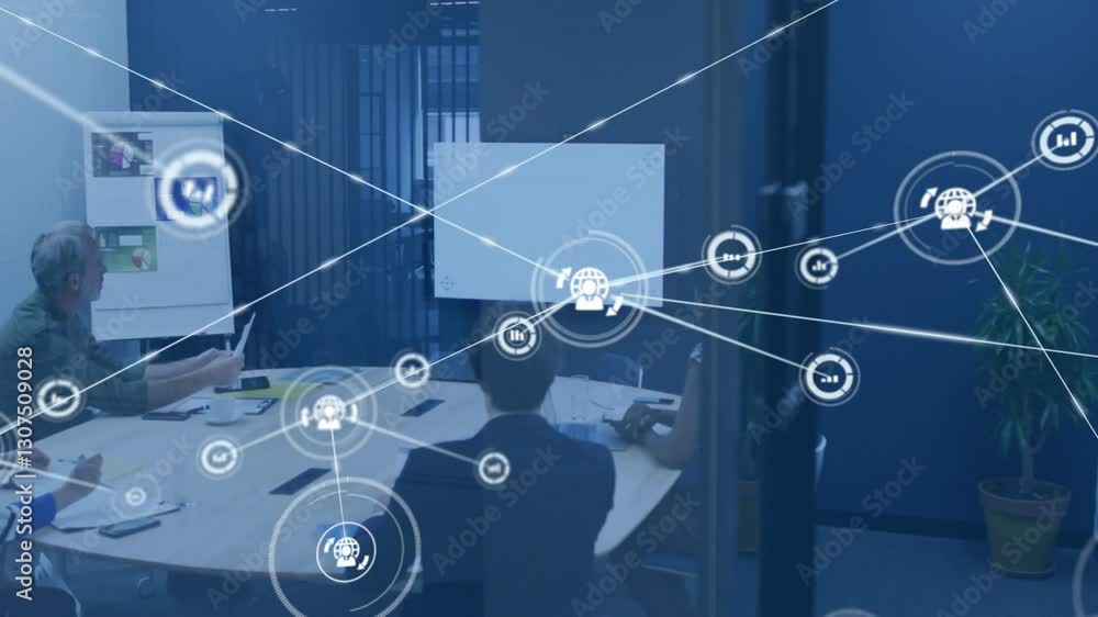 Poster network of connections and data processing animation over business meeting in office