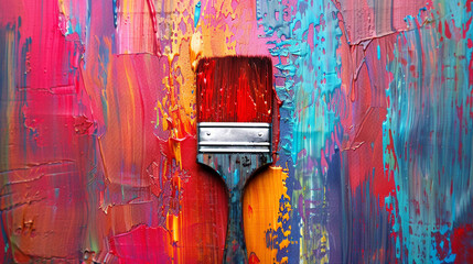 A close up of a dripping red paintbrush with colorful paint strokes behind it.