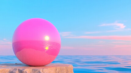 Pink sphere rests on light brown rock against pastel sunset sky and calm ocean. Soft light reflects on the sphere's surface. Minimalist, serene scene.