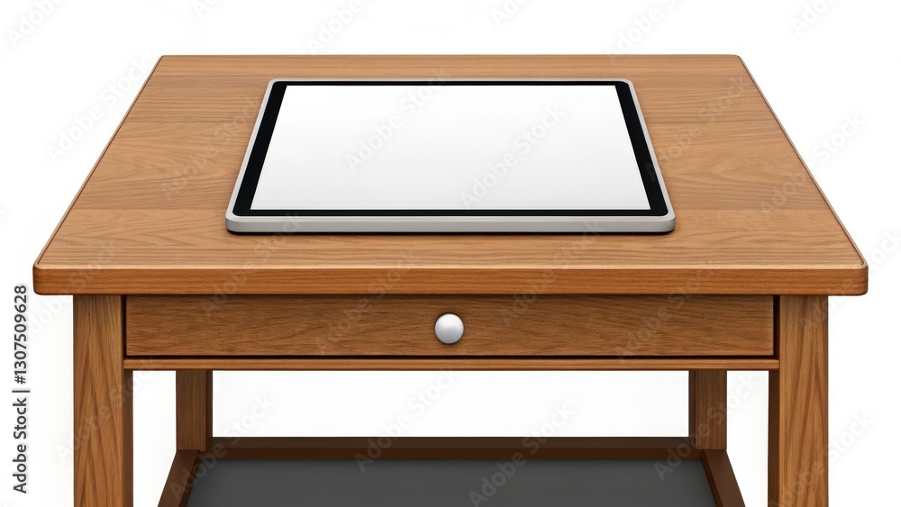 Aufkleber a tablet computer on a wooden table with a drawer, perfect for showcasing your app or design in a mo