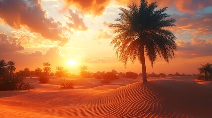 Serene Desert Sunset with Palm Tree Silhouette and Golden Sand Dunes