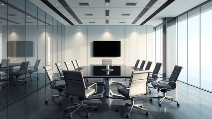 Modern conference room with glass walls, large table, chairs, and big screen.  
