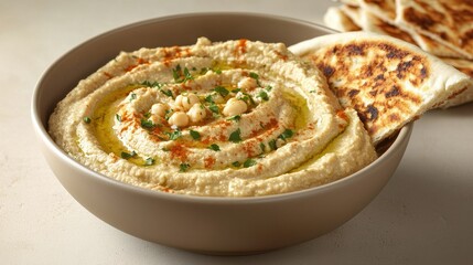 Creamy Hummus with Pita Bread in Beige Bowl