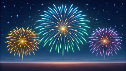 three vibrant fireworks display with the twinkling stars in night sky