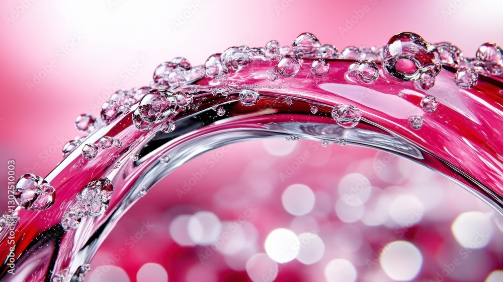 Poster close up of water droplets on a curved, translucent pink surface against a bokeh background. the ima