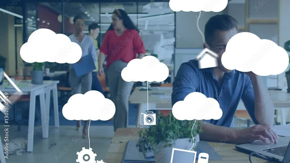 Poster in office, people working with cloud computing icons overlaying, creating animation