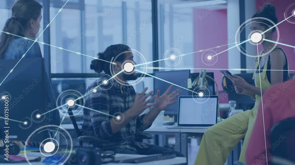 Poster network of connections and data processing animation over diverse team in office