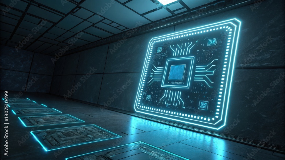 Poster a futuristic computer chip glowing with a neon light in a dark room. the chip has intricate circuits