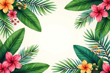 Obraz premium Vibrant tropical foliage and flowers create a lively, inviting frame for any design project.