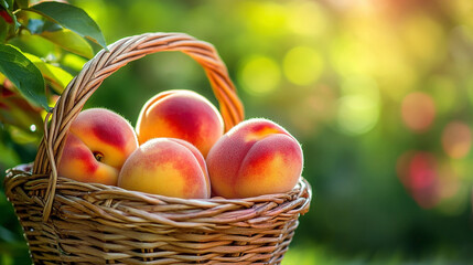 Ripe peaches in basket on  sunny summer day against the backdrop of  green garden. Harvest. Copy space.  