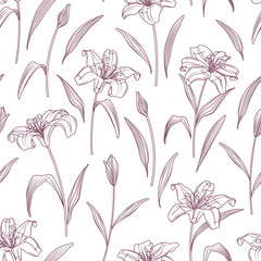 Floral vector seamless pattern with illustration of lily flowers, leaves in sketch style isolated on white. Background for fabric design, textile, wrapping paper. Flower shop concept.