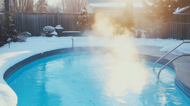 Icy Blue Swimming Pool Contrasted Against A Blanket Of White Snow