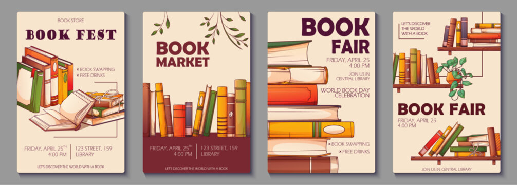 Collection of templates for poster design for book festival. Vector illustration of stack of books, open book, bookshelves, standing books. Book lover, bookstore, library, reading concept. 