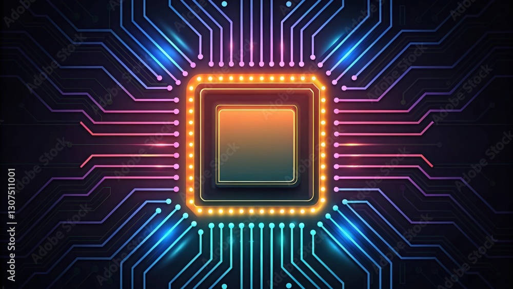 Poster close up shot of a computer's processor or cpu, glowing with vibrant colors. it's a symbol of modern