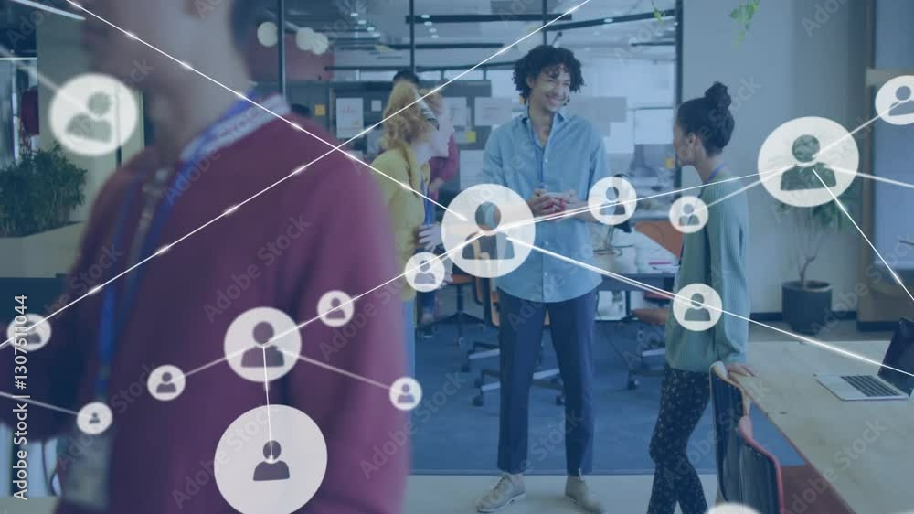 Poster network of connections and data processing animation over diverse people in office