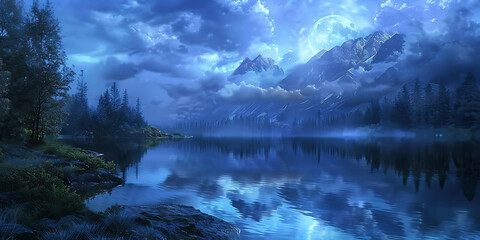 Naklejka premium Tranquil Night Lake Reflecting Mountains and a Blue Moon Under Starry Skies 