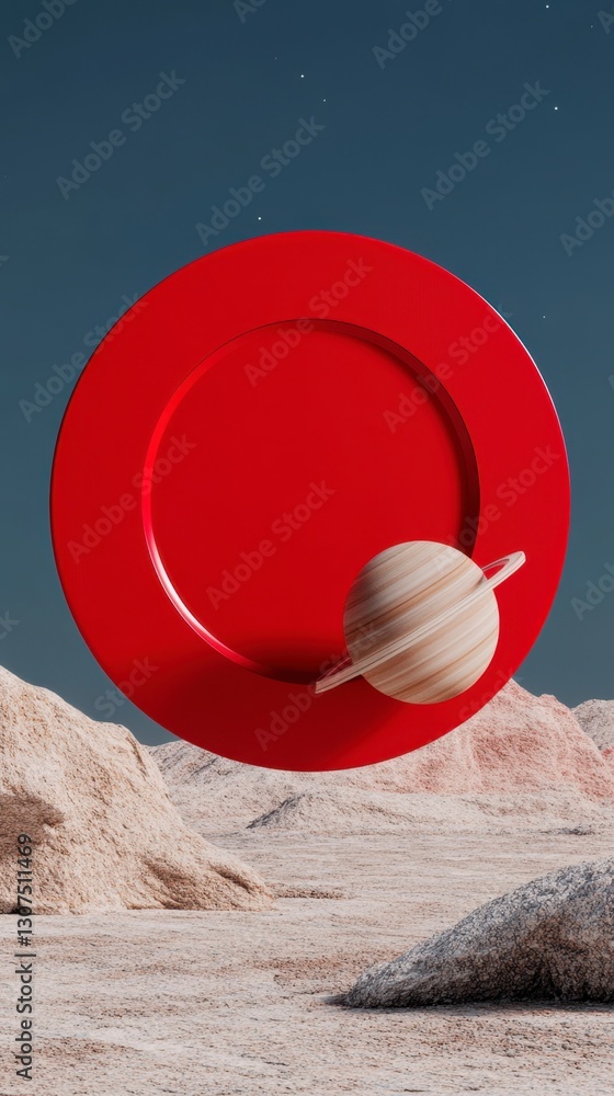 Poster red circular object floats above a beige, textured landscape, with a small, ringed planet resting on