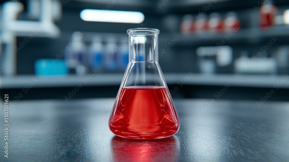 Poster red liquid in an erlenmeyer flask sits on a dark lab counter, with blurred lab equipment in the back
