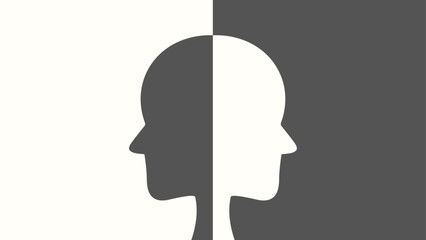 Abstract illustration of a human head silhouette split into two opposite faces in black and white. Symbolizing yin and yang, duality, balance, and perception