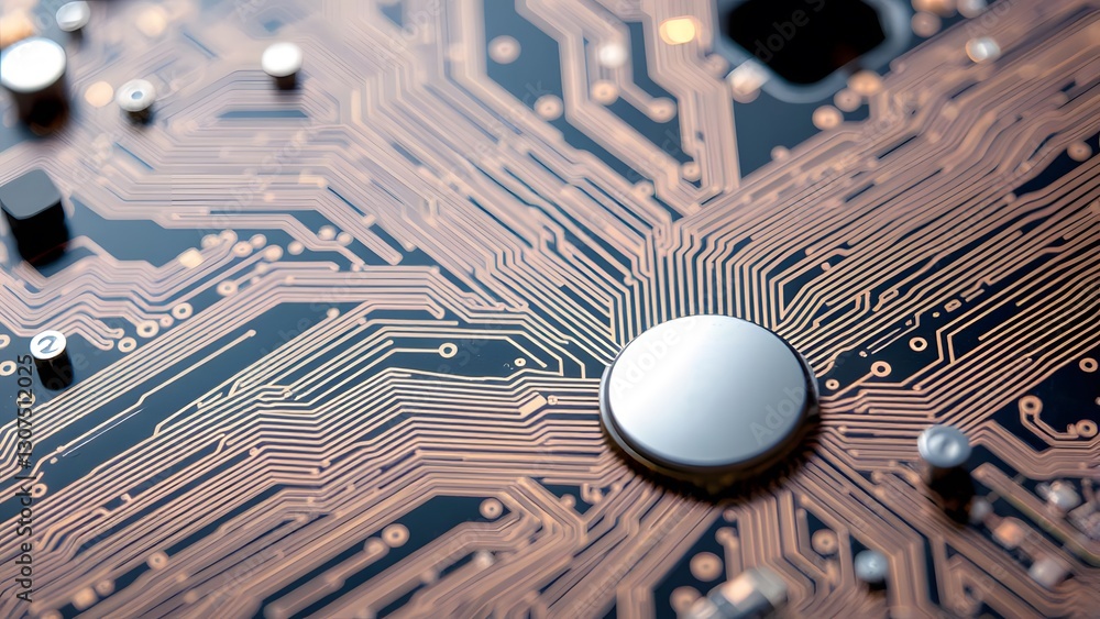Poster close-up view of a copper circuit board featuring intricate pathways and a central microchip, highli