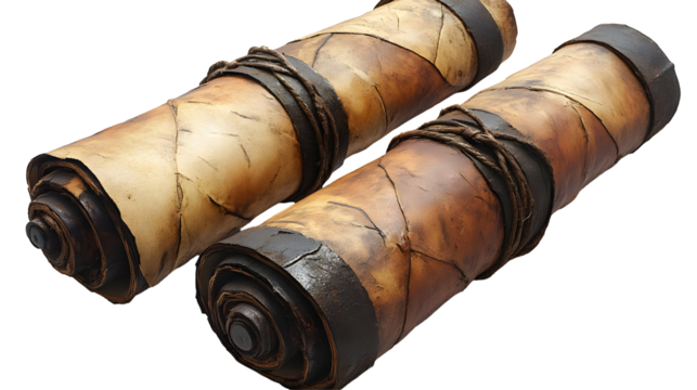 Two Ancient Scrolls Tied with Rope Isolated on White Background