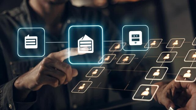 A dynamic closeup of a marketer exploring a holographic customer journey map that visualizes different stages of engagement with animated icons representing various touchpoints.