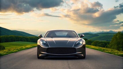 a luxury car driving down a scenic road with mountains and a cloudy sky in the background. The car is a sleek, modern design, suggesting speed and sophistication