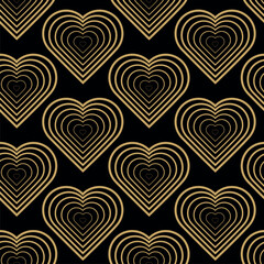 Abstract geometric pattern with hearts on black background. A seamless vector background. Graphic modern pattern. Black and gold pattern.