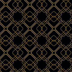 Fototapeta premium Abstract geometric pattern with square, lines and stripes on black background. A seamless vector background. Graphic modern pattern. Black and gold pattern.