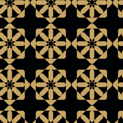 Fototapeta premium Abstract geometric pattern with square, lines and stripes on black background. A seamless vector background. Graphic modern pattern. Black and gold pattern.