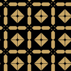 Abstract geometric pattern with square, lines and stripes on black background. A seamless vector background. Graphic modern pattern. Black and gold pattern.