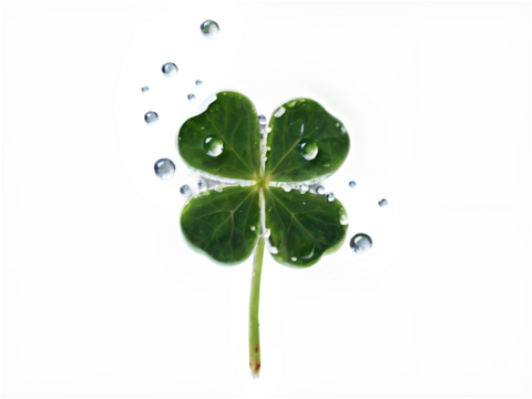 A highly detailed close-up of a single four-leaf clover with dewdrops on its leaves, isolated on a white background.
