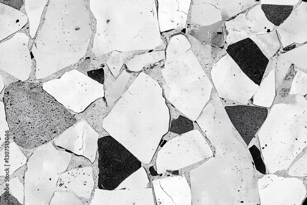 Poster seamless concrete damaged floor textured surface made of various pieces of broken tiles in black and